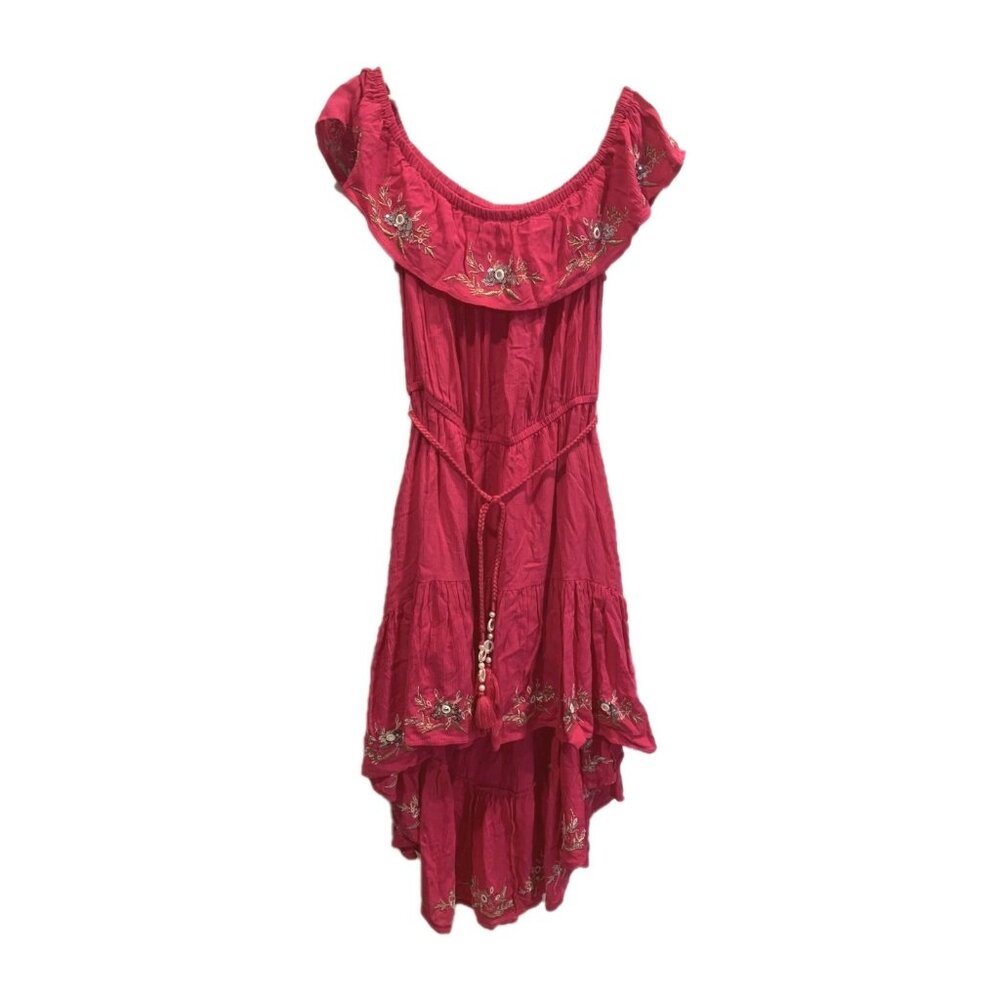 Venus Boho Dress Size 16 Pink Embroidered Off‎ Shoulder Hi Lo Ruffle Hem